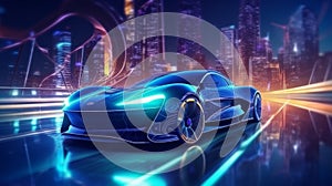 EV electric car system futuristic car in night with modern city,generated with AI.