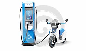 EV motorbike with charging station on isolated white background. Green energy technology and transportation concept. 3D