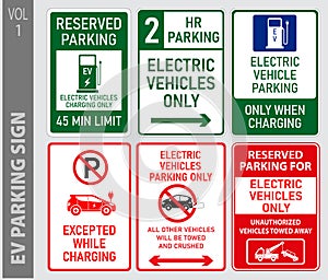 set of electric vehicle EV parking and prohibited sign. 3D Illustration.