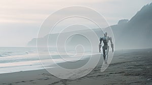 Eva The Robot Walking On A Misty Beach
