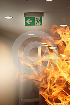 Evacuating sign in office builging while fire photo