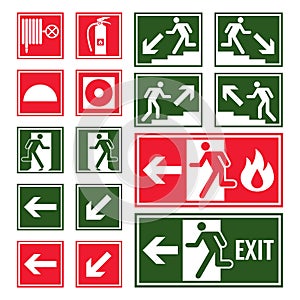 Evacuation and emergency signs in green and red colors