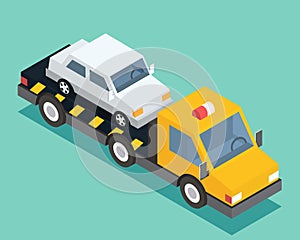 Evacuation isometric car, road assistance service help. Evacuator tow track. Flat design vector illustration.