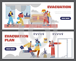 Evacuation plan banners with rescue forces evacuating people, flat vector. photo