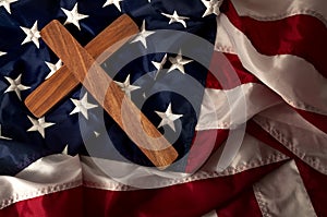 Evangelical America, christianity, born again christian and fundamentalist religious right concept with close up on a wooden cross