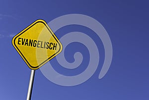 Evangelisch - yellow sign with blue sky background photo
