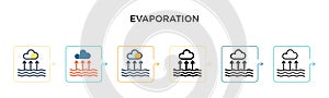 Evaporation vector icon in 6 different modern styles. Black, two colored evaporation icons designed in filled, outline, line and