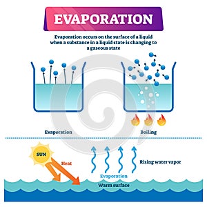 Evaporation vector illustration. Labeled liquid to gas state process scheme