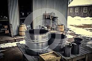 evaporator set up for small-scale maple syrup production, with cooking pots and buckets ready to go