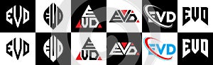 EVD letter logo design in six style. EVD polygon, circle, triangle, hexagon, flat and simple style with black and white color