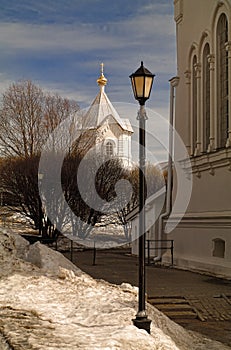 On the eve of the Passover of Christ. View of the chapel of the monastery Diveevo, Russia and a lantern