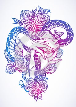 Eve`s hands with forbidden fruit and snake. Beautiful roses around. Hand-drawn vector artwork isolated.