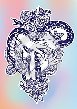 Eve`s hands with forbidden fruit and snake. Beautiful roses around. Hand-drawn vector artwork isolated.