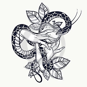 Eve`s hands with forbidden fruit and snake. Hand-drawn tattoo art. Element of a Biblical story of Eve. Vintage art isolated