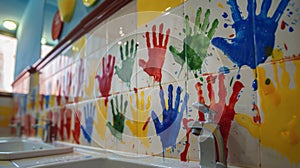 Even the bathroom is decorated with colorful handprints making the mundane task of washing hands much more enjoyable for