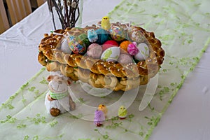 Even braided Easter basket with colorful easter eggs for Easter