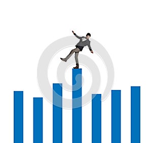 Even Humpty Dumpty had a great big fall. a businessman balancing on top of a graph against a white background.