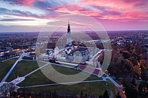 Evening aerial drone view on Czestochowa and Jasna Gora monastery