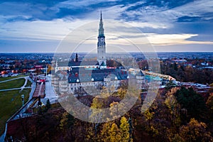 Evening aerial drone view on Czestochowa and Jasna Gora monastery