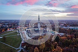 Evening aerial drone view on Czestochowa and Jasna Gora monastery