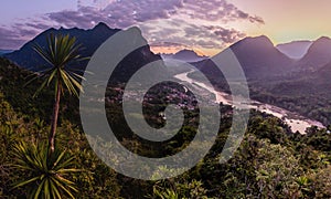 Evening aerial view of Nam Ou river and Muang Ngoi Neua village from Phanoi viewpoint, La