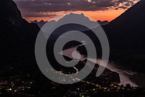 Evening aerial view of Nam Ou river and Muang Ngoi Neua village from Phanoi viewpoint, La