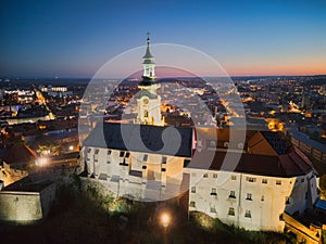 Evening aerial view of Nitra castle during winter