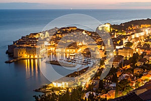 Evening aerial view of the old town of Dubrovnik, Croat