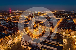 Evening aerial view on Poznan main square and old town.