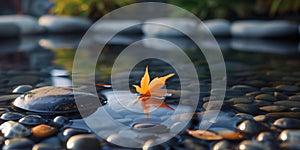 Evening atmosphere in the stony Zen water pool, banner.