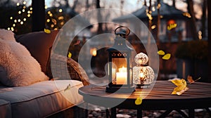 evening Autumn terrace outside ,blurred lantern c andle light, soft sofa ,cozy atmosfear Christmas decorated