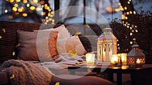 evening Autumn terrace outside ,blurred lantern c andle light, soft sofa ,cozy atmosfear Christmas decorated