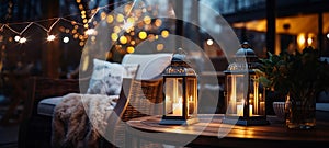 evening Autumn terrace outside ,blurred lantern c andle light, soft sofa ,cozy atmosfear Christmas decorated