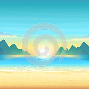 Evening beach at sunset with clean calm water, clouds and mountains on the horizon. Vector cartoon illustration.