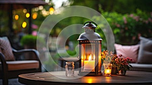 evening cafe terrace outside ,blurred lantern candle light, soft sofa ,cozy atmosfear on evening