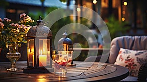 evening cafe terrace outside ,blurred lantern candle light, soft sofa ,cozy atmosfear on evening