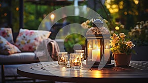 evening cafe terrace outside ,blurred lantern candle light, soft sofa ,cozy atmosfear on evening