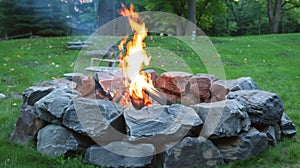 Evening Campfire Surrounded by Rocks in Outdoor Setting