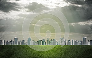 Evening city. Buildings and green grass field