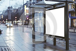 Evening City Bus Stop with Blank Advertising Billboard for Mockup