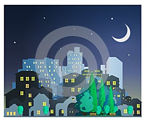 Evening city in a flat style, silhouettes of houses and a trees in a city park