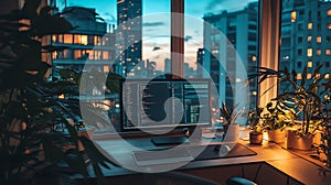 Evening city view from a home office with plants and computer