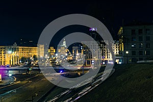 Evening cityscape of the central square in Kyiv. View of the central square of Kyiv.