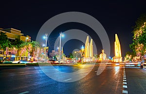 The evening cityscape with Democracy Monument, Bangkok, Thailand