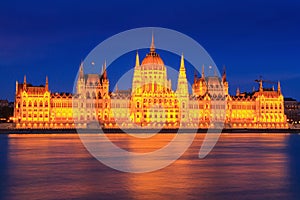 Evening cityscape - view of the Hungarian Parliament Building in the historical center of Budapest