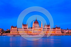 Evening cityscape - view of the Hungarian Parliament Building in the historical center of Budapest