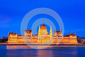 Evening cityscape - view of the Hungarian Parliament Building in the historical center of Budapest