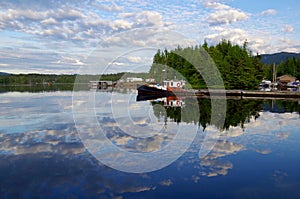 Evening clouds reflected in the bay, Shearwater, BC