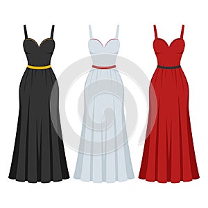 Evening cocktail black, white and red dress set. Collection woman clothing. Silhouette apparel. Long maxi, full and