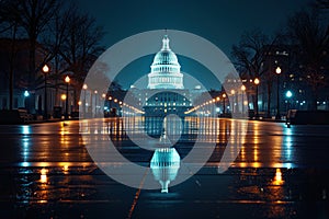 In evening, dome of Capitol Hill building of Home of Congress is illuminated, Washington, DC, USA.